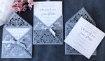 DIY Invitations Wedding Invitation Cards Laser Cut with Cream Lace + Envelope Elegant Gray Satin Ribbon Wedding Invitations Birthday
