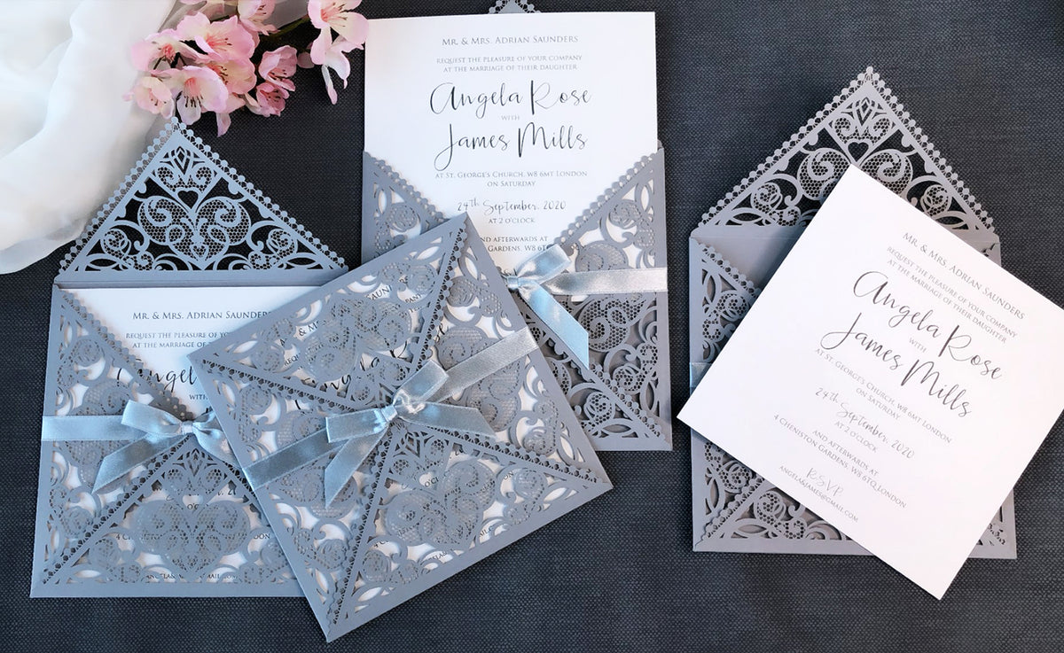 DIY Invitations Wedding Invitation Cards Laser Cut with Cream Lace + Envelope Elegant Gray Satin Ribbon Wedding Invitations Birthday