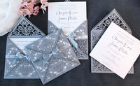 DIY Invitations Wedding Invitation Cards Laser Cut with Cream Lace + Envelope Elegant Gray Satin Ribbon Wedding Invitations Birthday