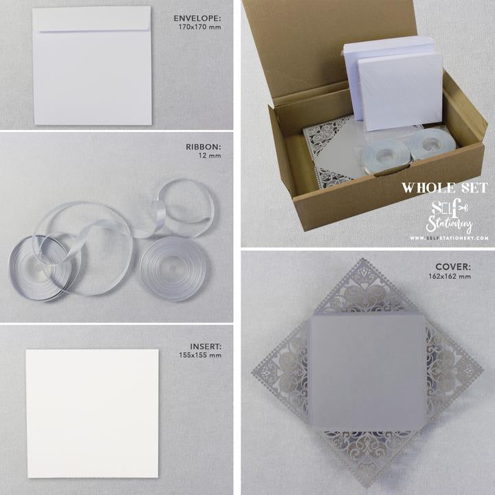 DIY Invitations Wedding Invitation Cards Laser Cut with Cream Lace + Envelope Elegant Gray Satin Ribbon Wedding Invitations Birthday
