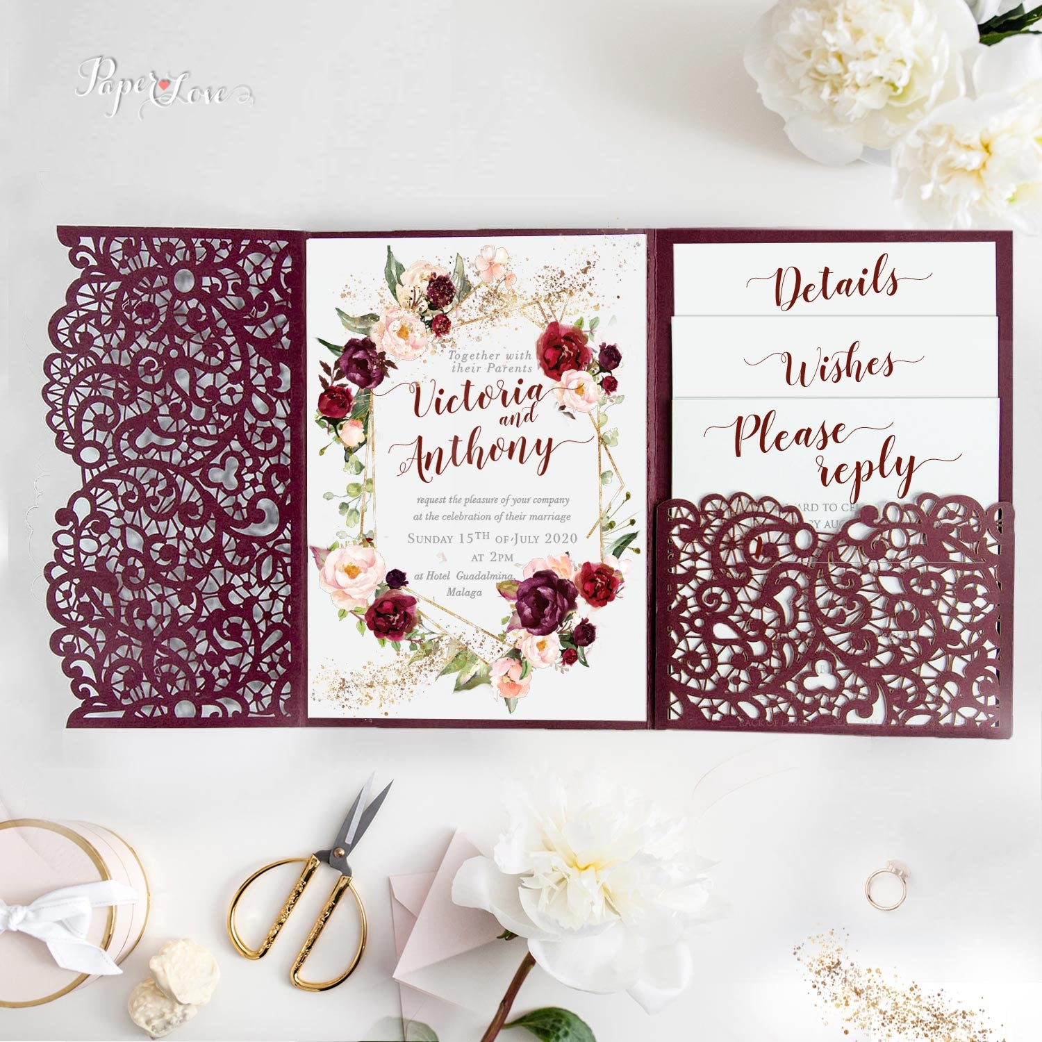 Personalised Laser Cut Pocketfold Wedding Card with 4 inserts and Envelopes - Bordeaux Wine