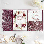 Personalised Laser Cut Pocketfold Wedding Card with 4 inserts and Envelopes - Bordeaux Wine