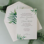 Beautiful Wedding Day Invitation With White Background and Printed Watercolour Fern