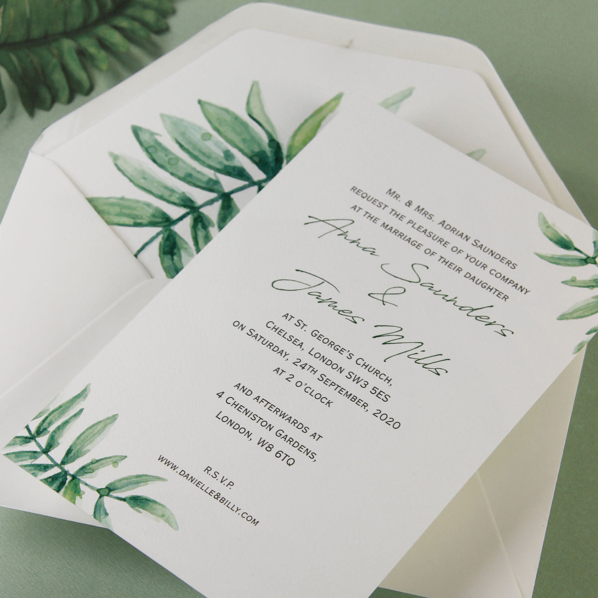 Beautiful Wedding Day Invitation With White Background and Printed Watercolour Fern