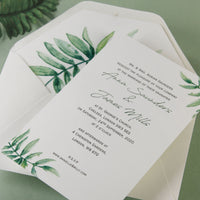 Beautiful Wedding Day Invitation With White Background and Printed Watercolour Fern