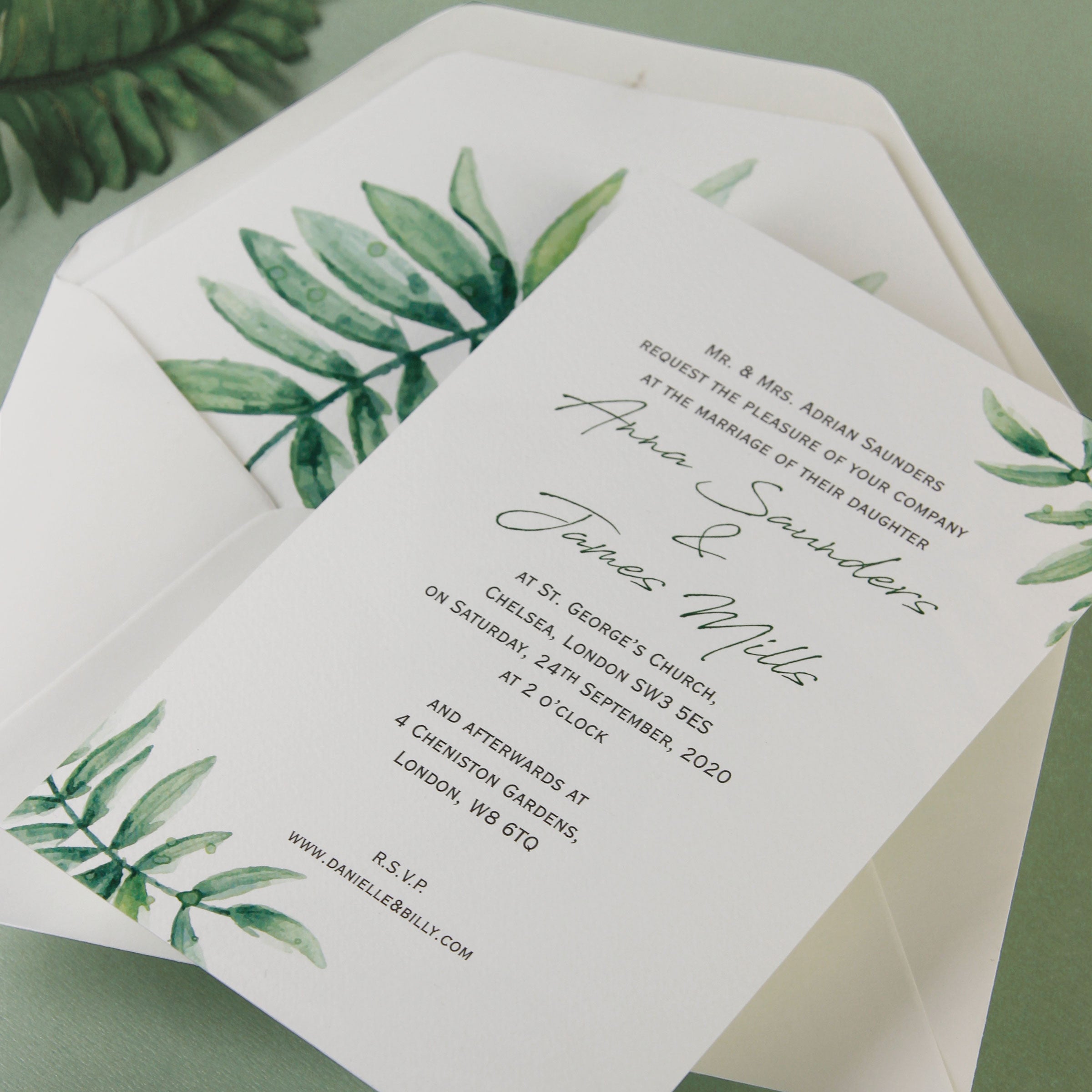 Beautiful Wedding Day Invitation With White Background and Printed Watercolour Fern