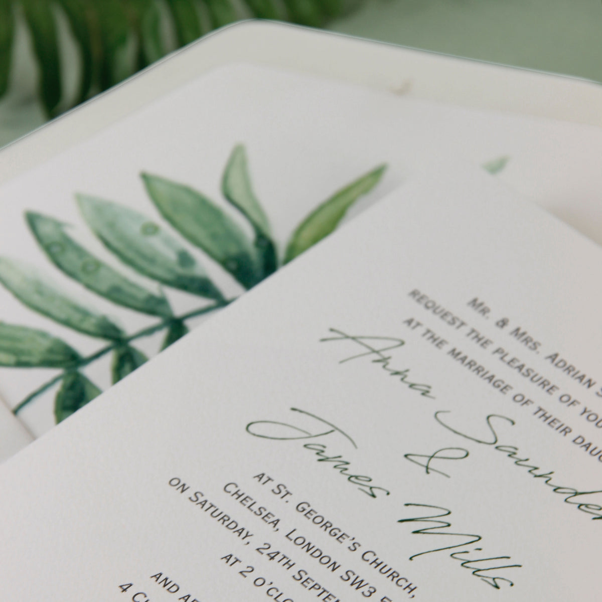 Beautiful Wedding Day Invitation With White Background and Printed Watercolour Fern