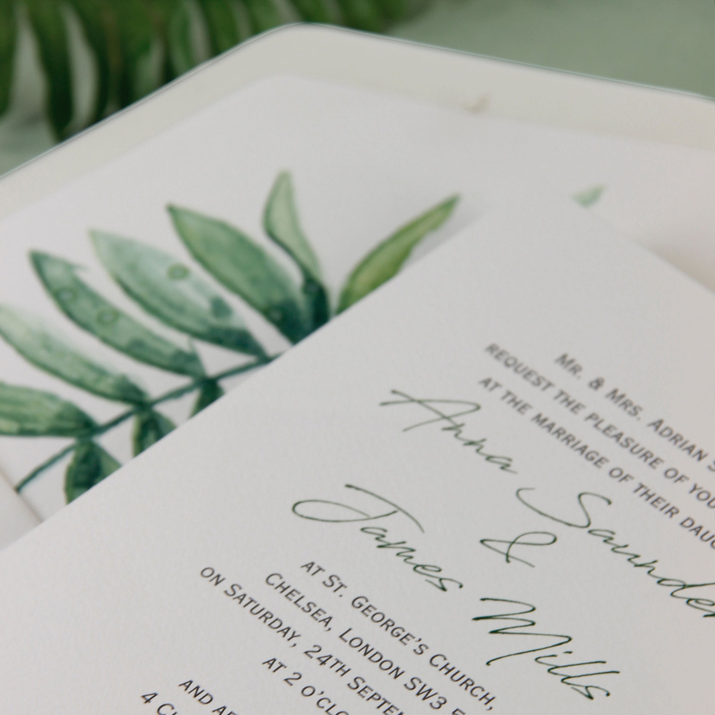 Beautiful Wedding Day Invitation With White Background and Printed Watercolour Fern