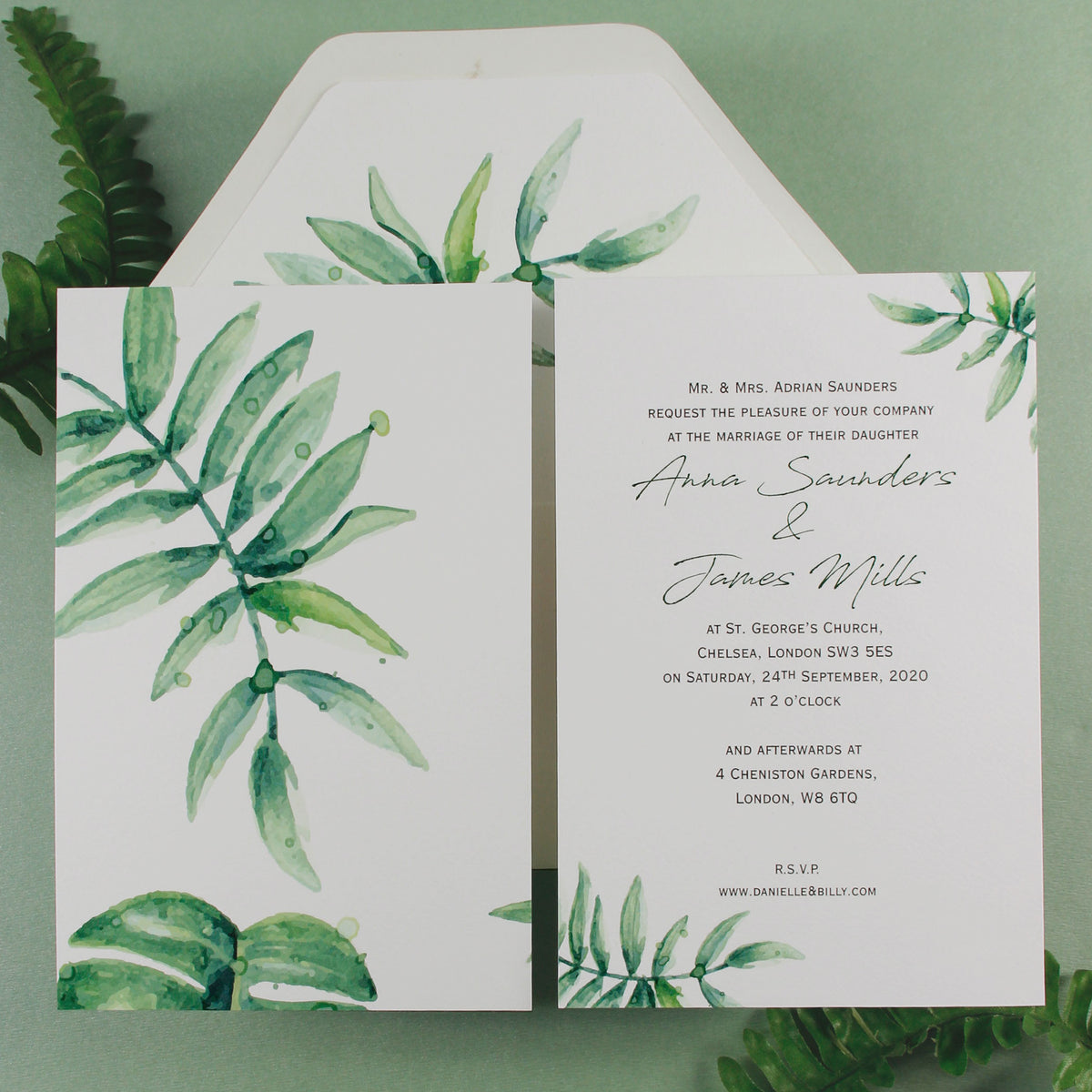 Beautiful Wedding Day Invitation With White Background and Printed Watercolour Fern