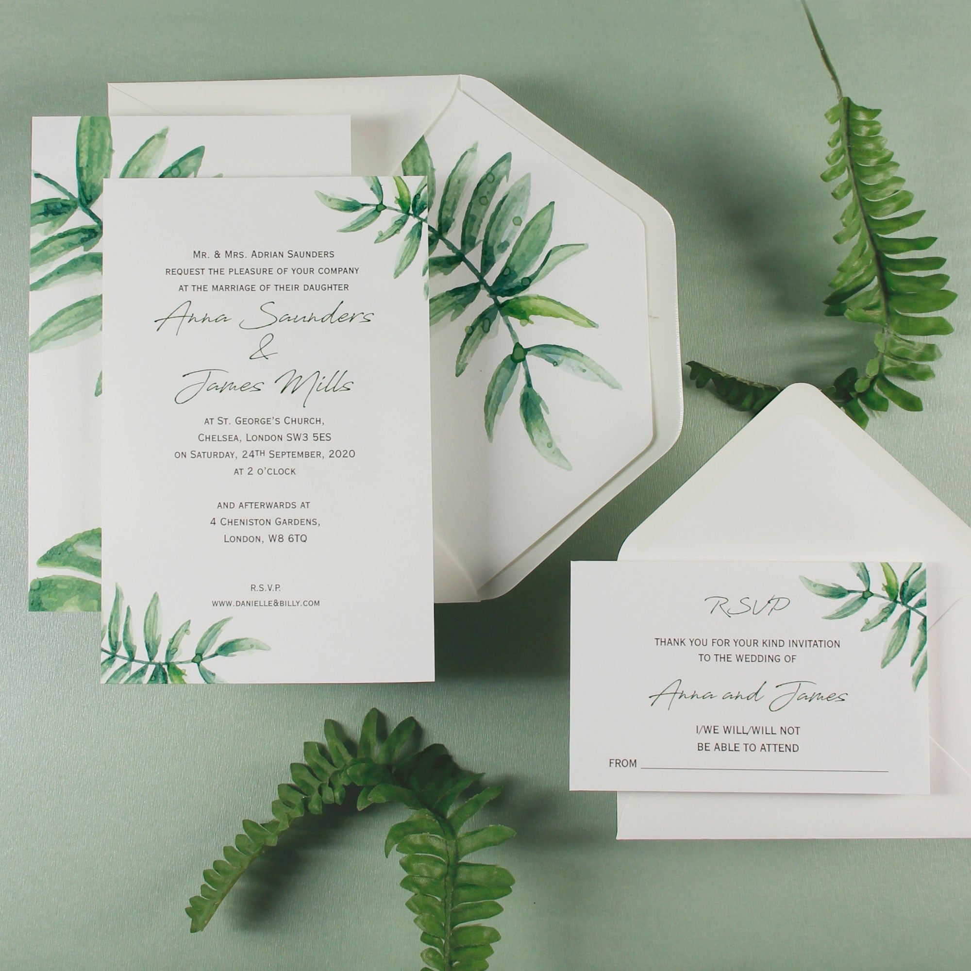 Beautiful Wedding Day Invitation With White Background and Printed Watercolour Fern