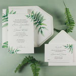 Beautiful Wedding Reply Card With White Background and Printed Watercolour Fern , RSVP