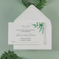 Beautiful Wedding Reply Card With White Background and Printed Watercolour Fern , RSVP