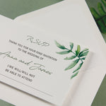 Beautiful Wedding Reply Card With White Background and Printed Watercolour Fern , RSVP