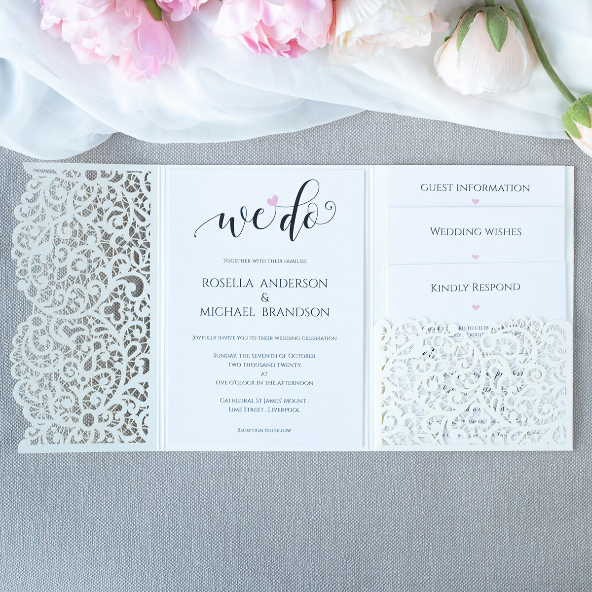 White Pocketfold Lace Floral Wedding Invitations