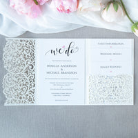 White Pocketfold Lace Floral Wedding Invitations