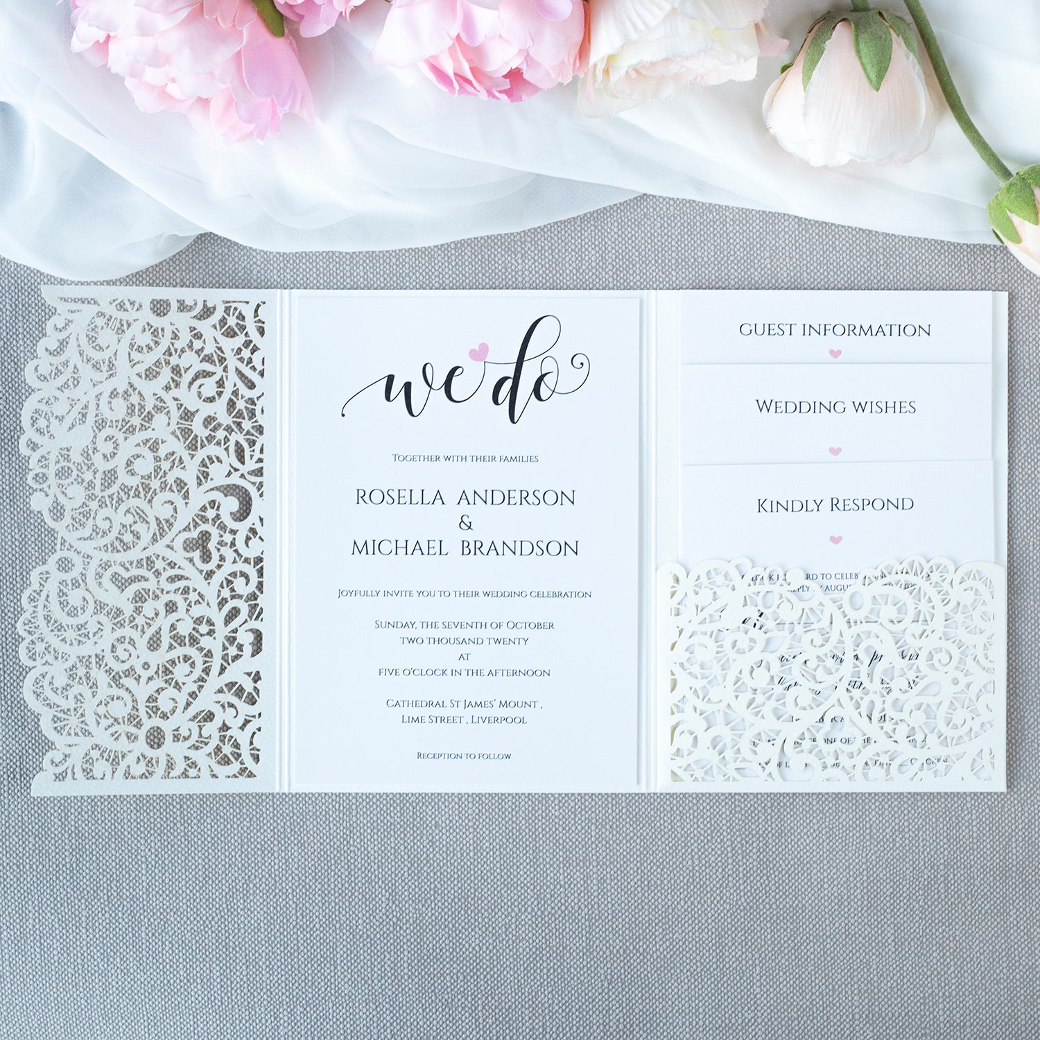 White Pocketfold Lace Floral Wedding Invitations