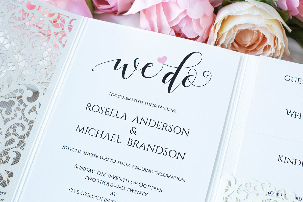 White Pocketfold Lace Floral Wedding Invitations
