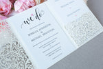 White Pocketfold Lace Floral Wedding Invitations