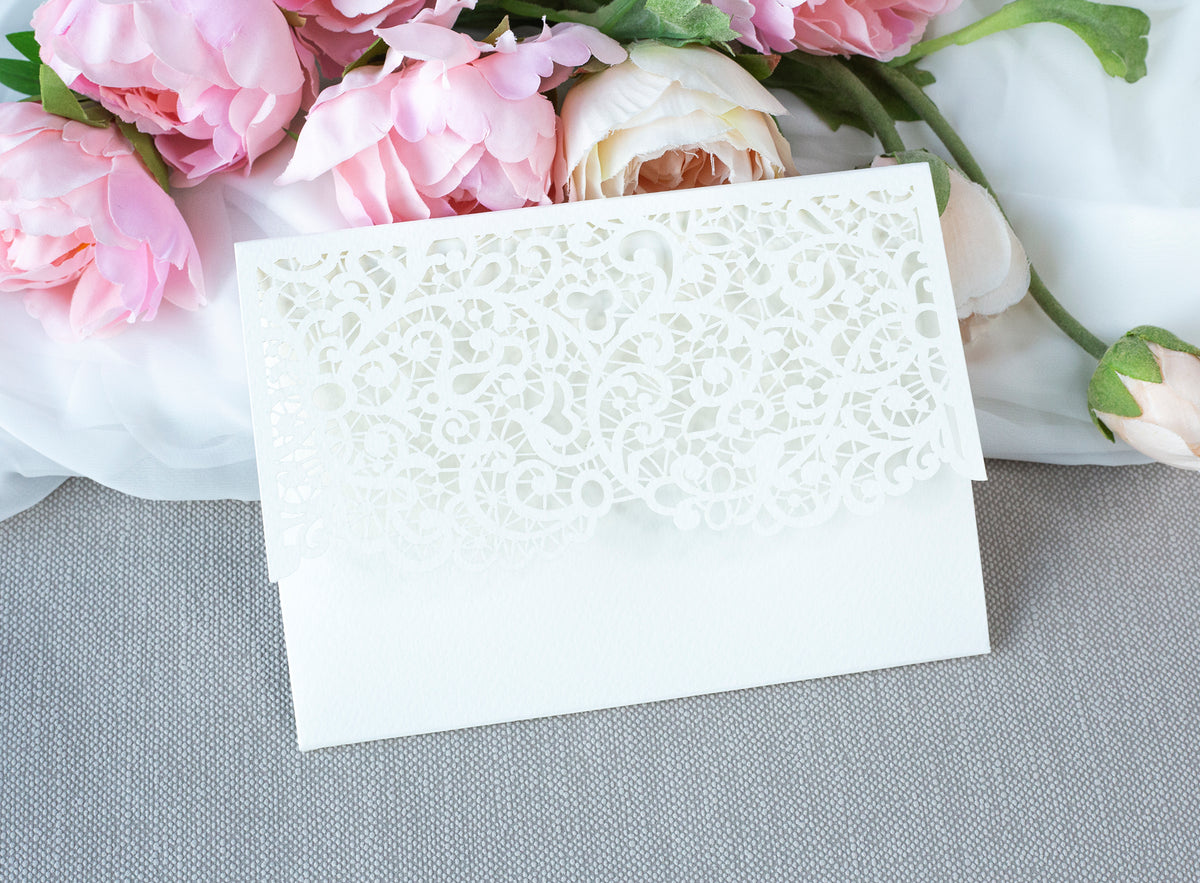 White Pocketfold Lace Floral Wedding Invitations