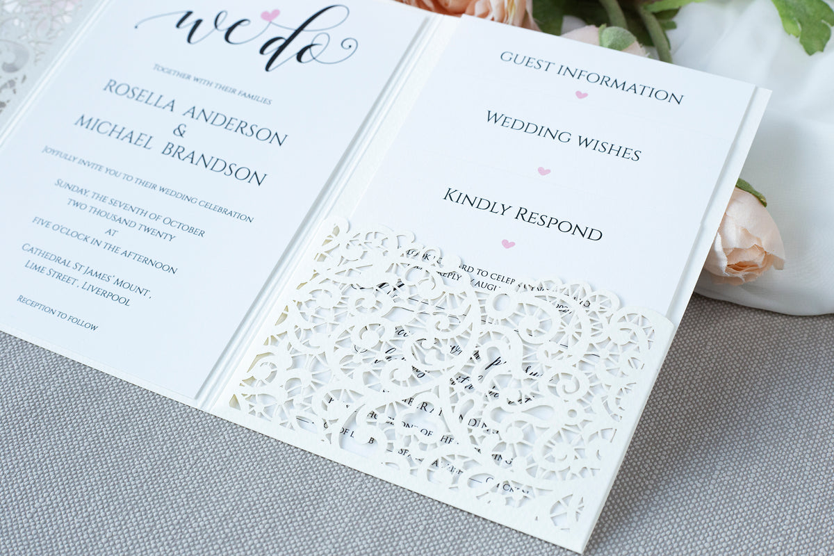 White Pocketfold Lace Floral Wedding Invitations