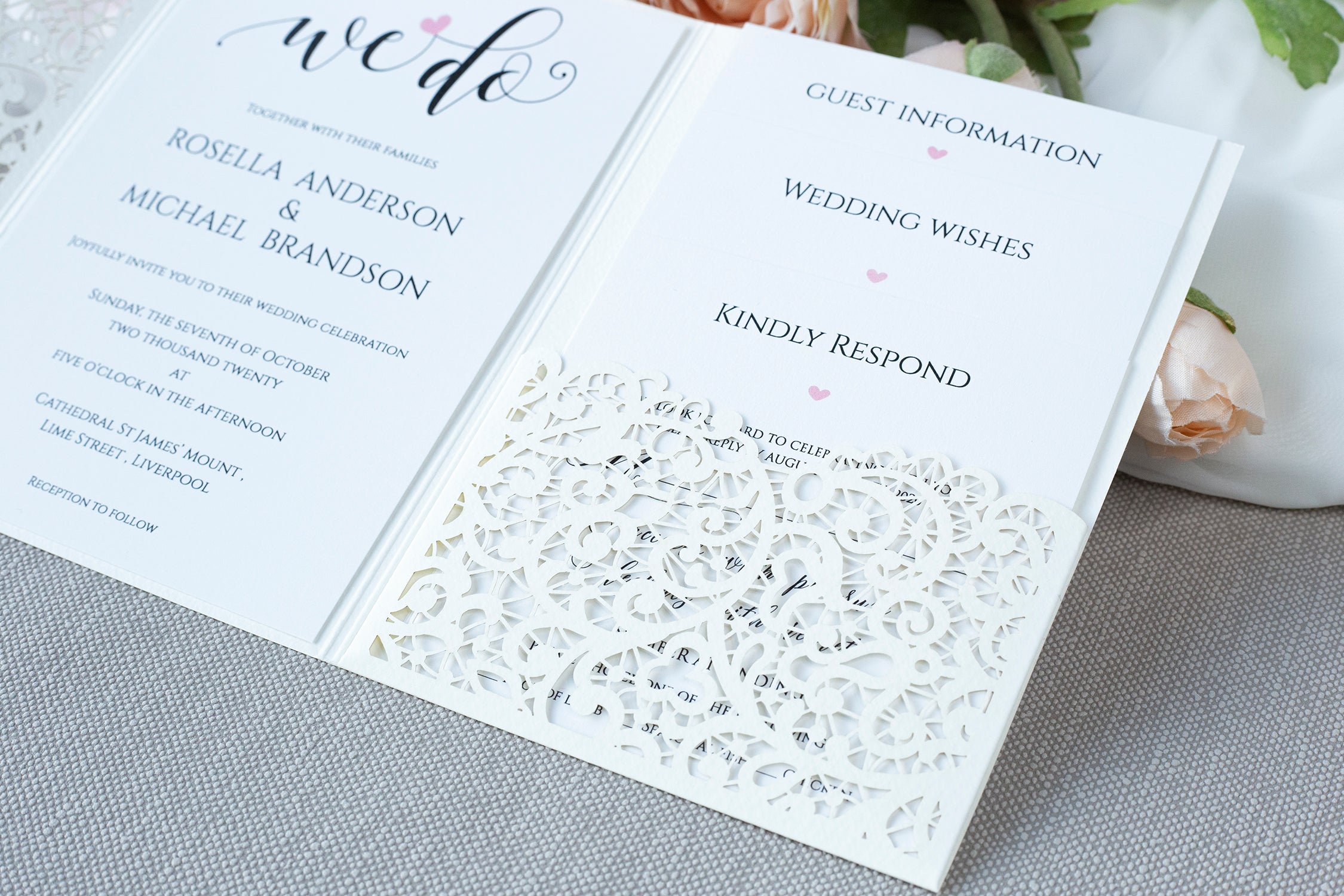 White Pocketfold Lace Floral Wedding Invitations