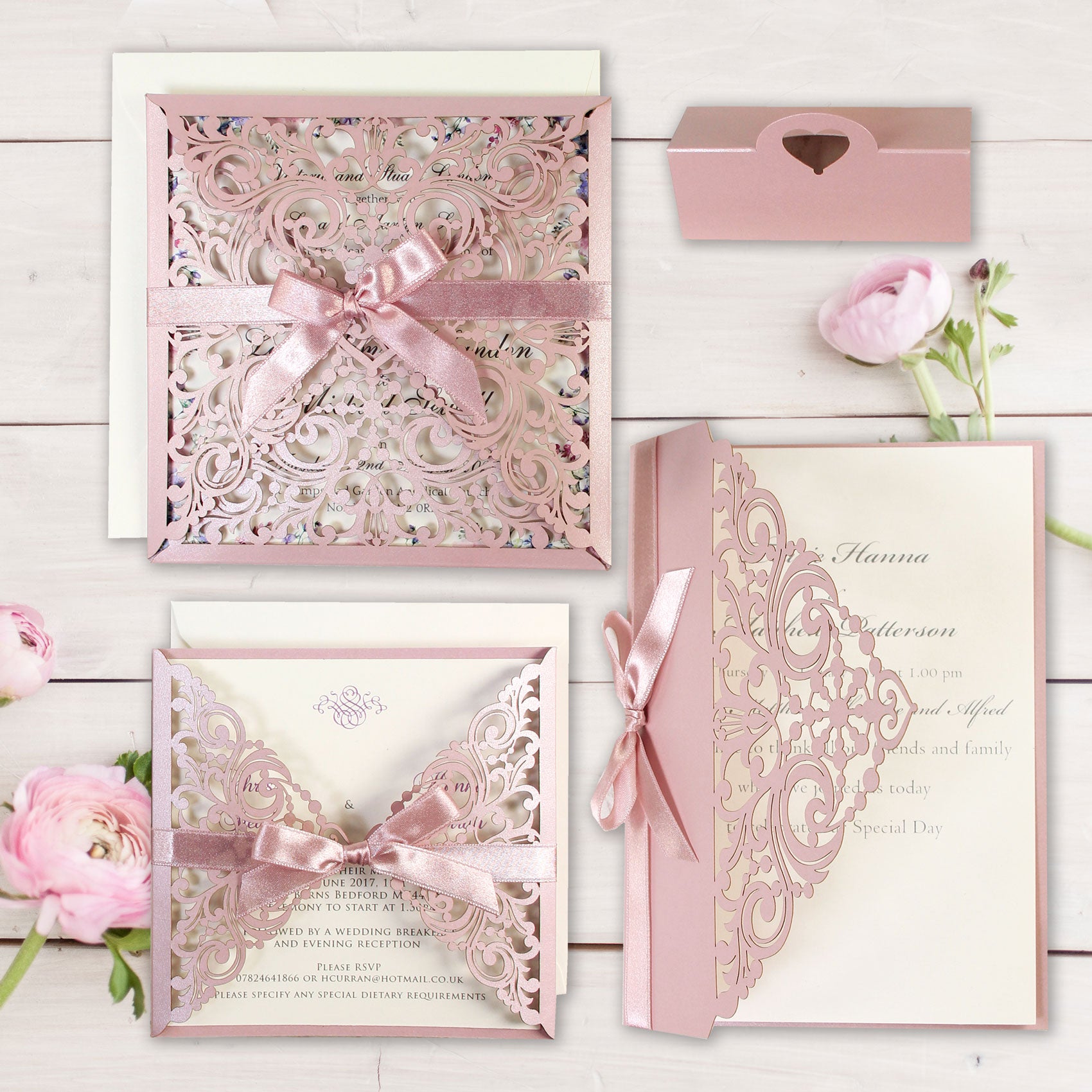 Beautiful Pink Laser Cut Square Wedding Day Invitation Pocket