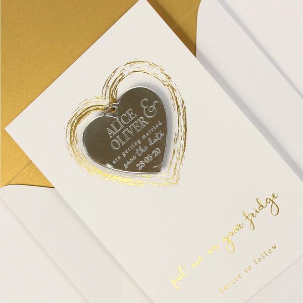 Save the Date Magnet Gold Foil Heart Pressed Design Mirror Heart Engraved