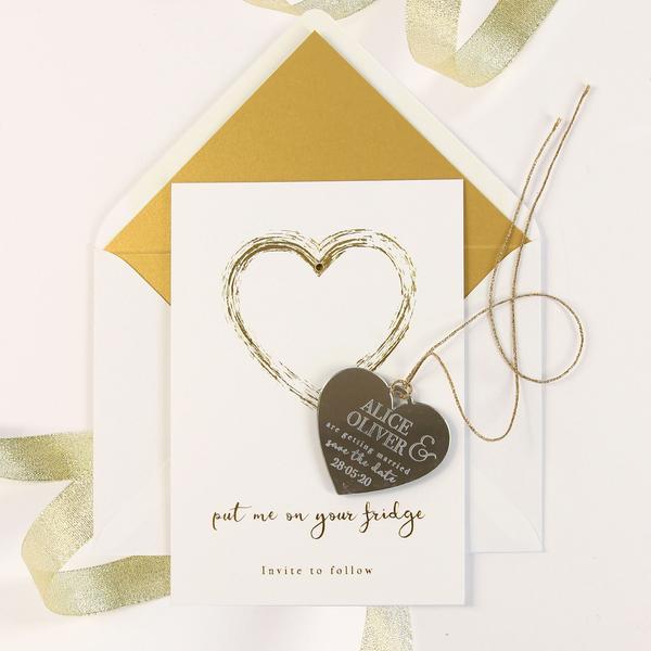 Save the Date Magnet Gold Foil Heart Pressed Design Mirror Heart Engraved