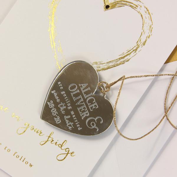 Save the Date Magnet Gold Foil Heart Pressed Design Mirror Heart Engraved
