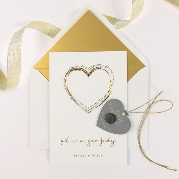 Save the Date Magnet Gold Foil Heart Pressed Design Mirror Heart Engraved