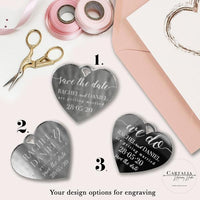 Save the Date Magnet Rose Gold Foil Heart Pressed Design Mirror Heart Engraved