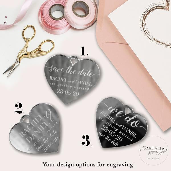 Save the Date Magnet Rose Gold Foil Heart Pressed Design Mirror Heart Engraved