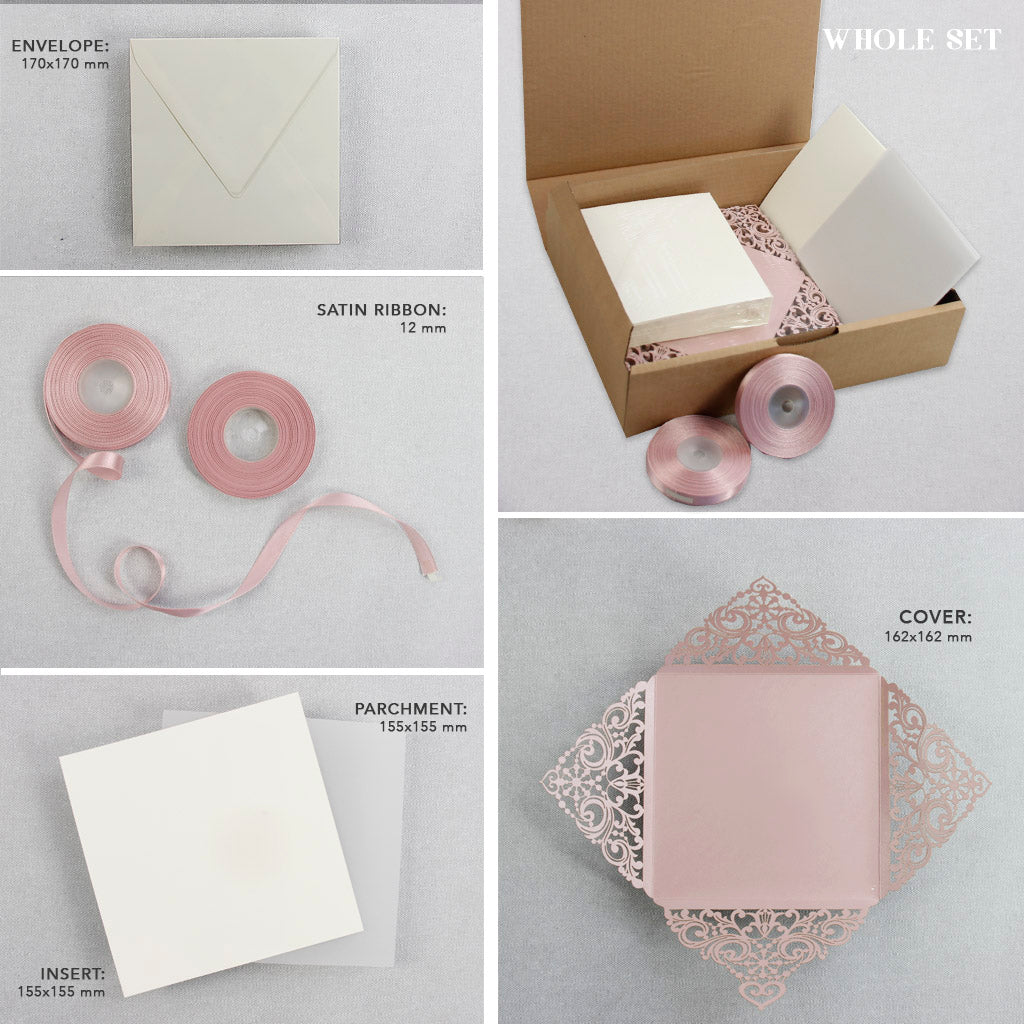 Lace Misty Rose Square Elegant Wedding Invitations with Ribbon