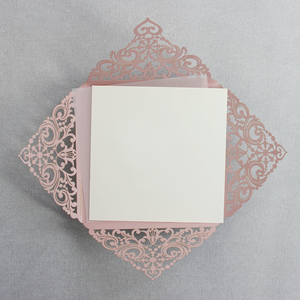 Lace Misty Rose Square Elegant Wedding Invitations with Ribbon