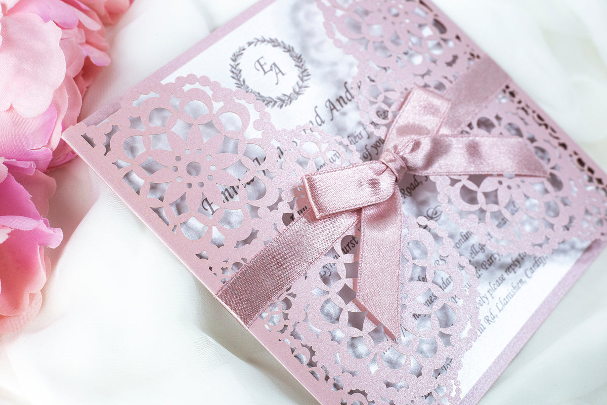 Elegant Misty Rose Wedding Invitations - Laser cut Floral Invitation with Cream Insert