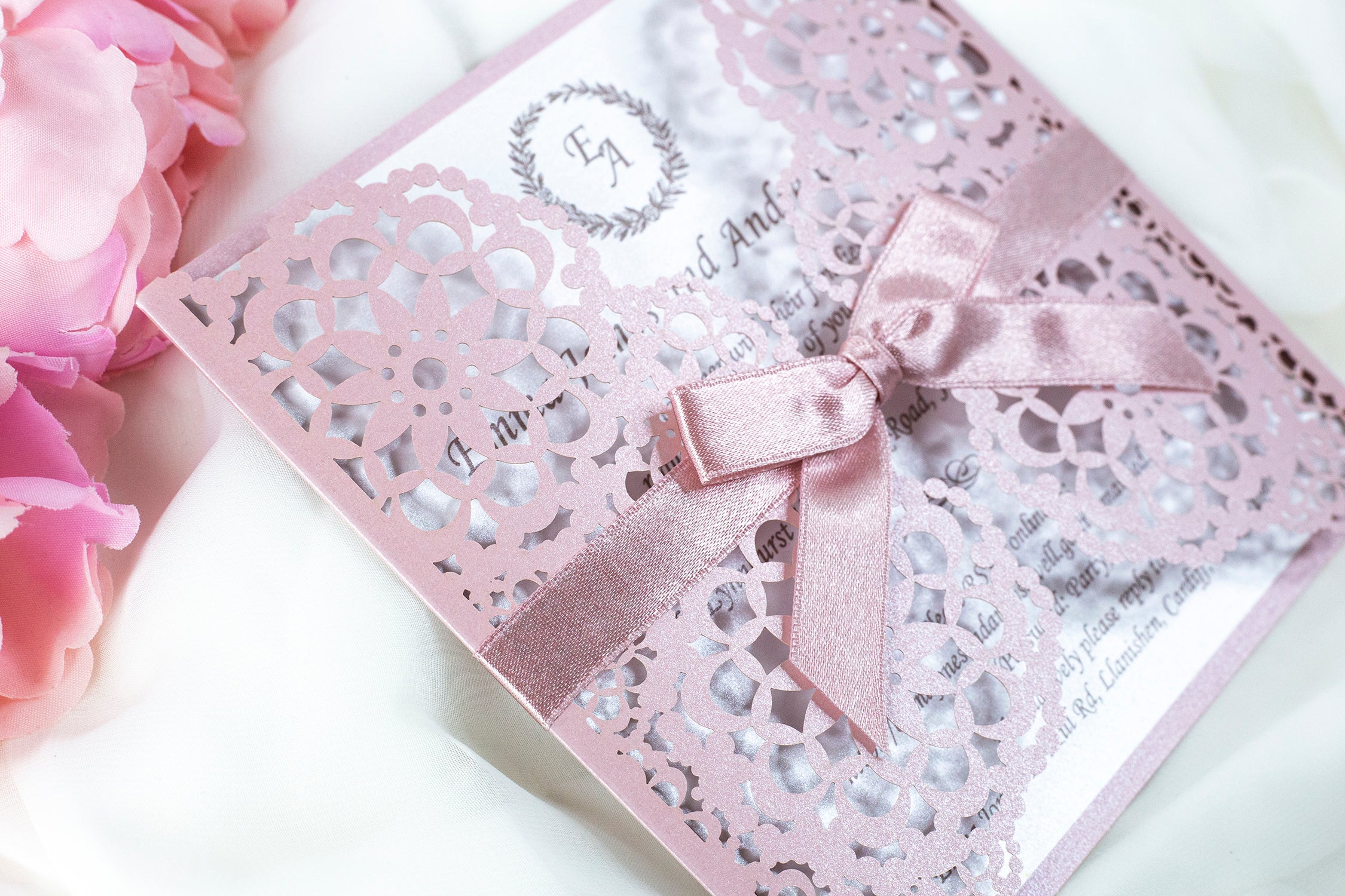 Elegant Misty Rose Wedding Invitations - Laser cut Floral Invitation with Cream Insert