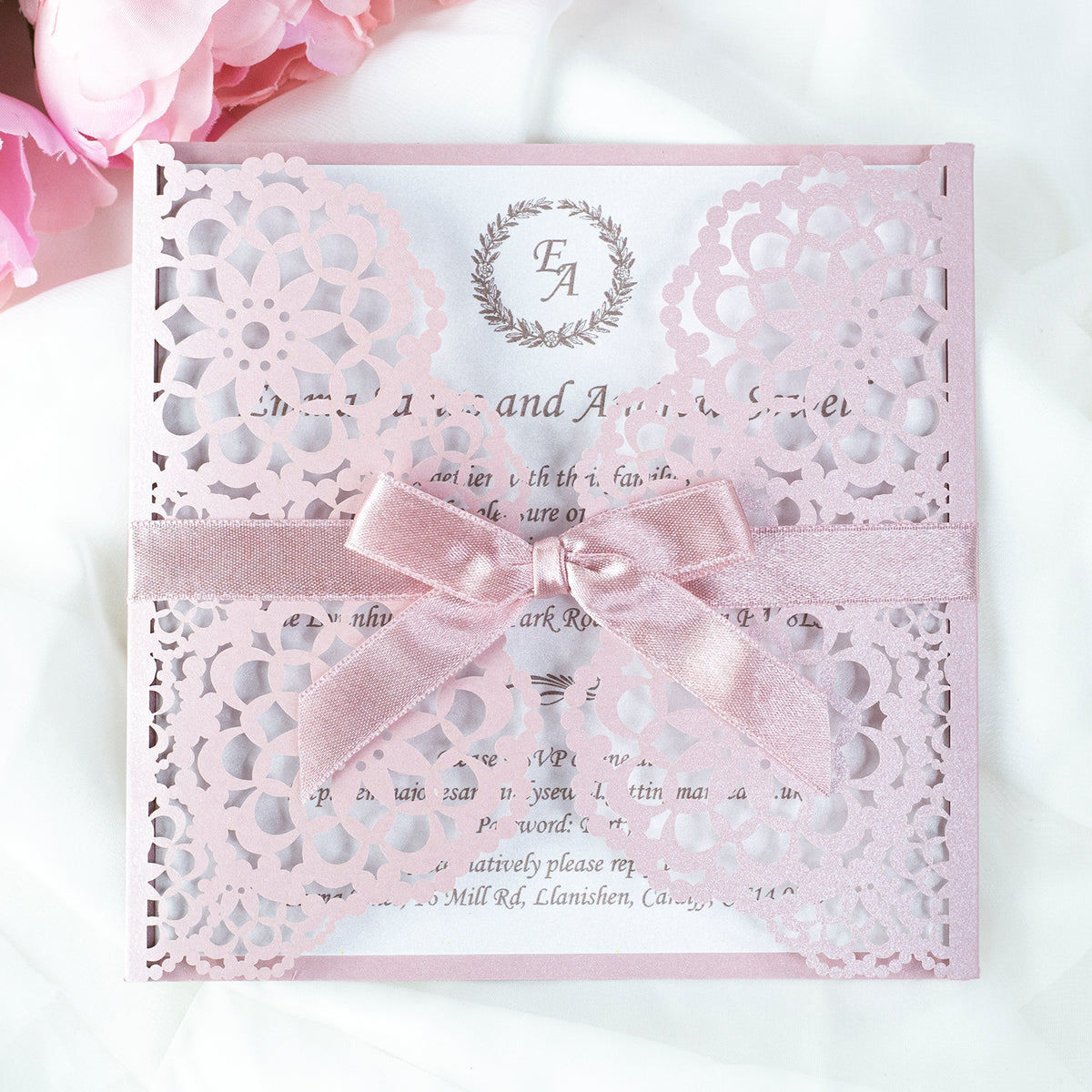 Elegant Misty Rose Wedding Invitations - Laser cut Floral Invitation with Cream Insert