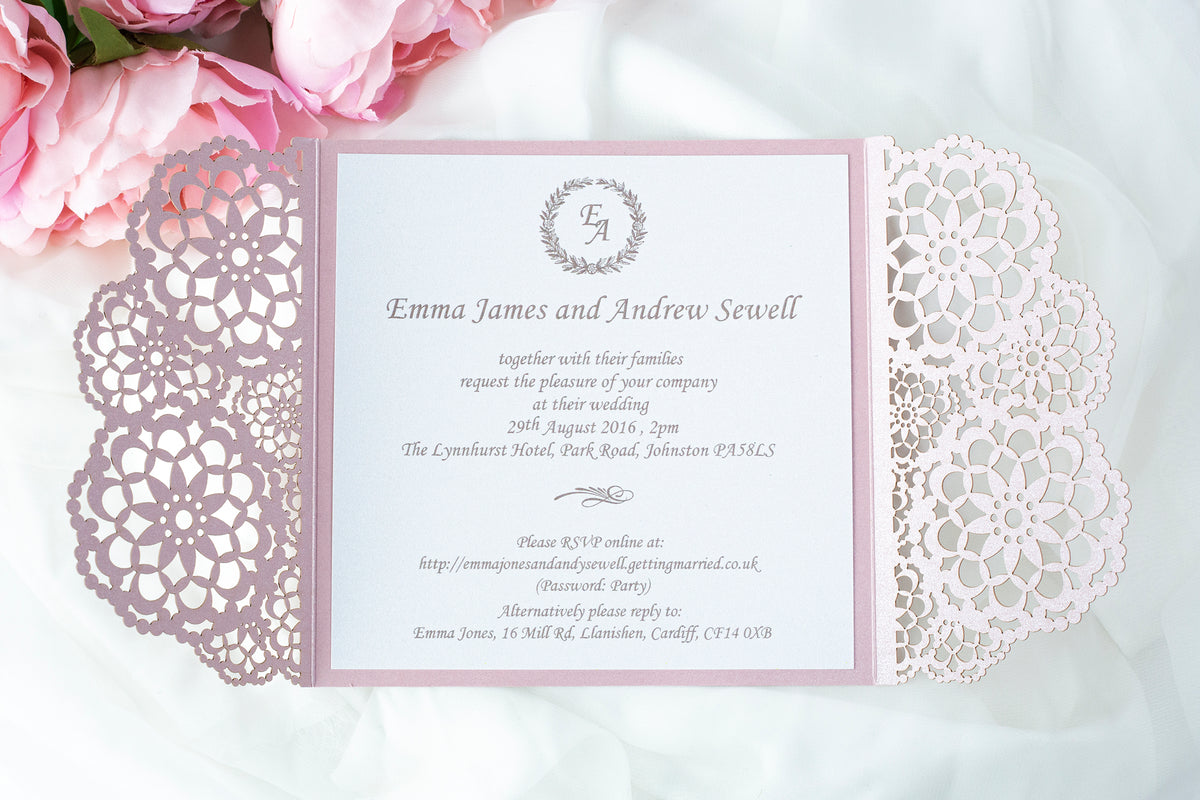 Elegant Misty Rose Wedding Invitations - Laser cut Floral Invitation with Cream Insert