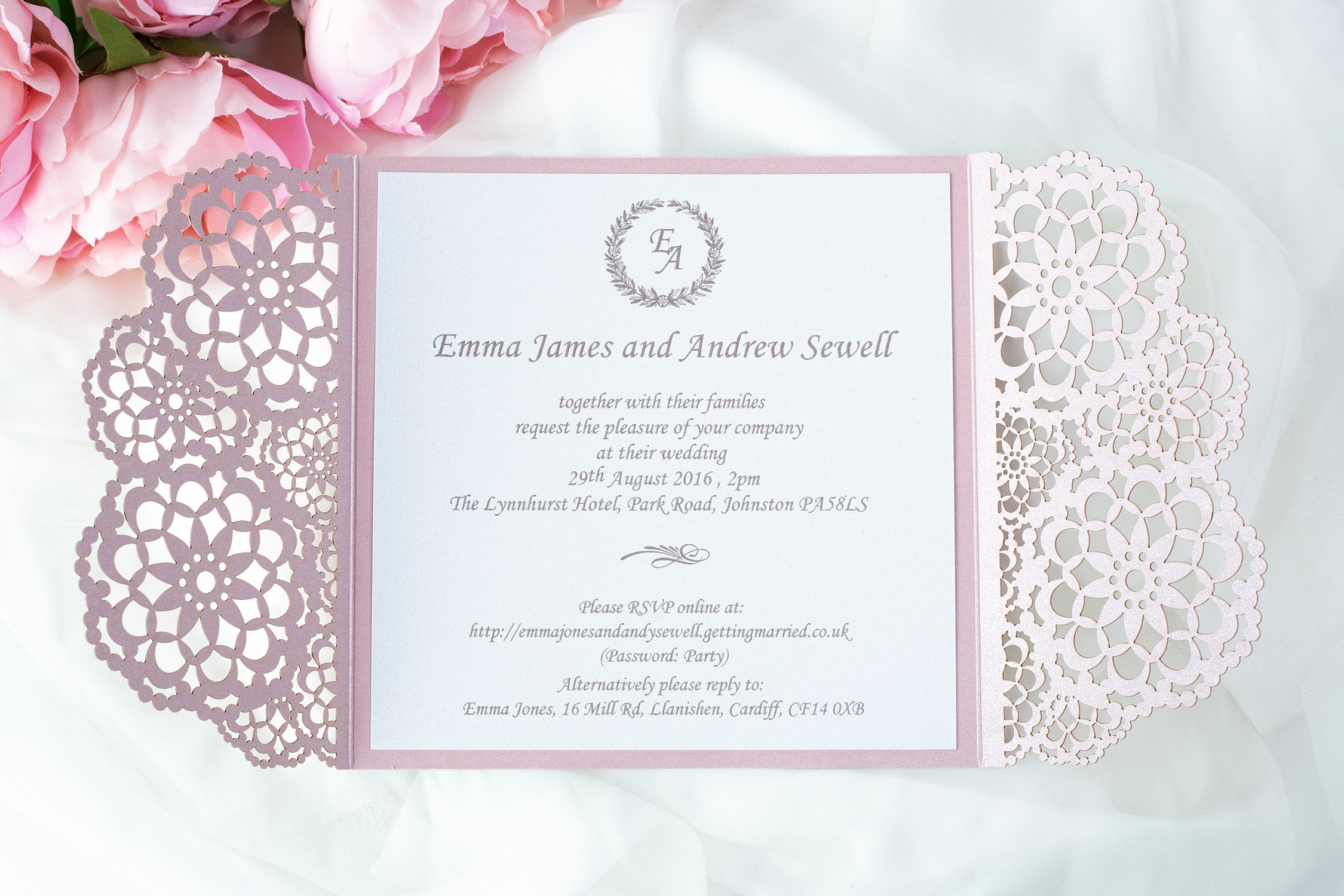 Elegant Misty Rose Wedding Invitations - Laser cut Floral Invitation with Cream Insert