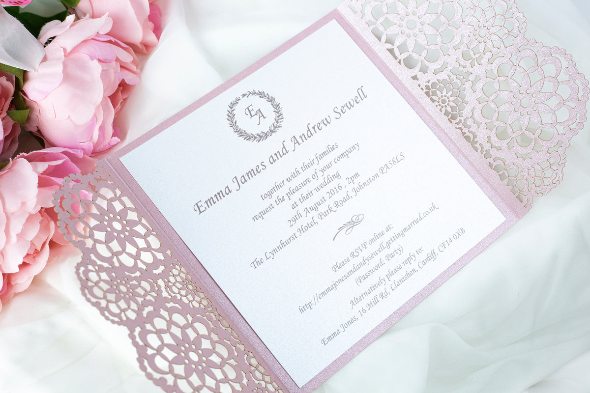 Elegant Misty Rose Wedding Invitations - Laser cut Floral Invitation with Cream Insert