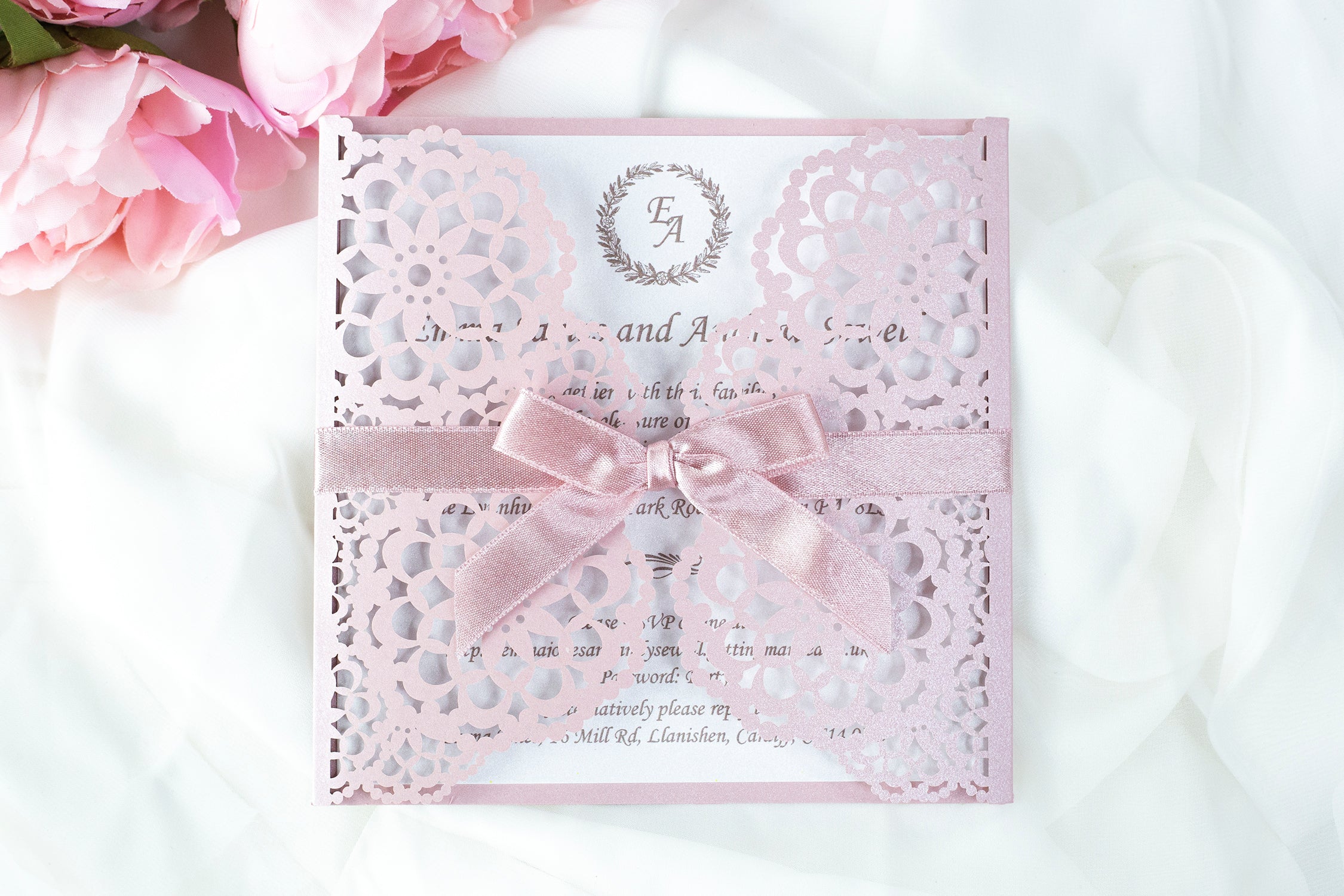 Elegant Misty Rose Wedding Invitations - Laser cut Floral Invitation with Cream Insert