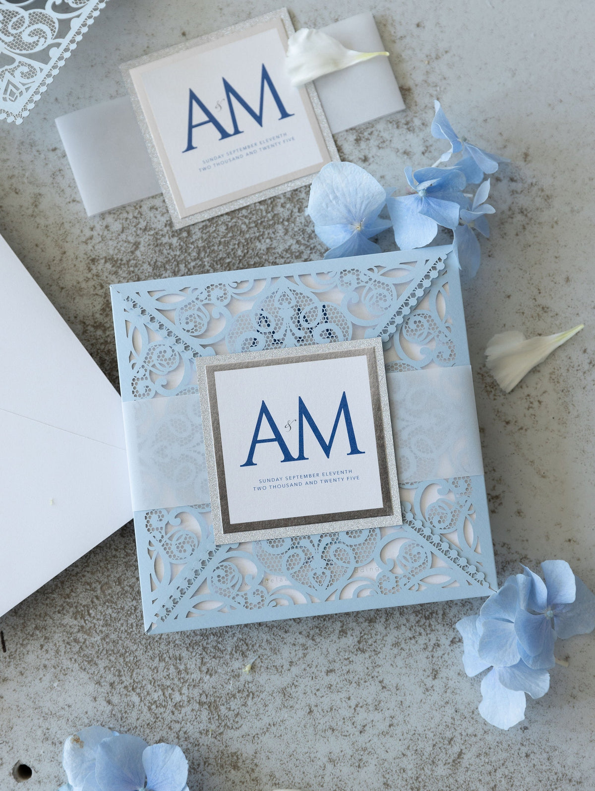 Blue Square Wedding Invitations with White Insert and Silver Glitter