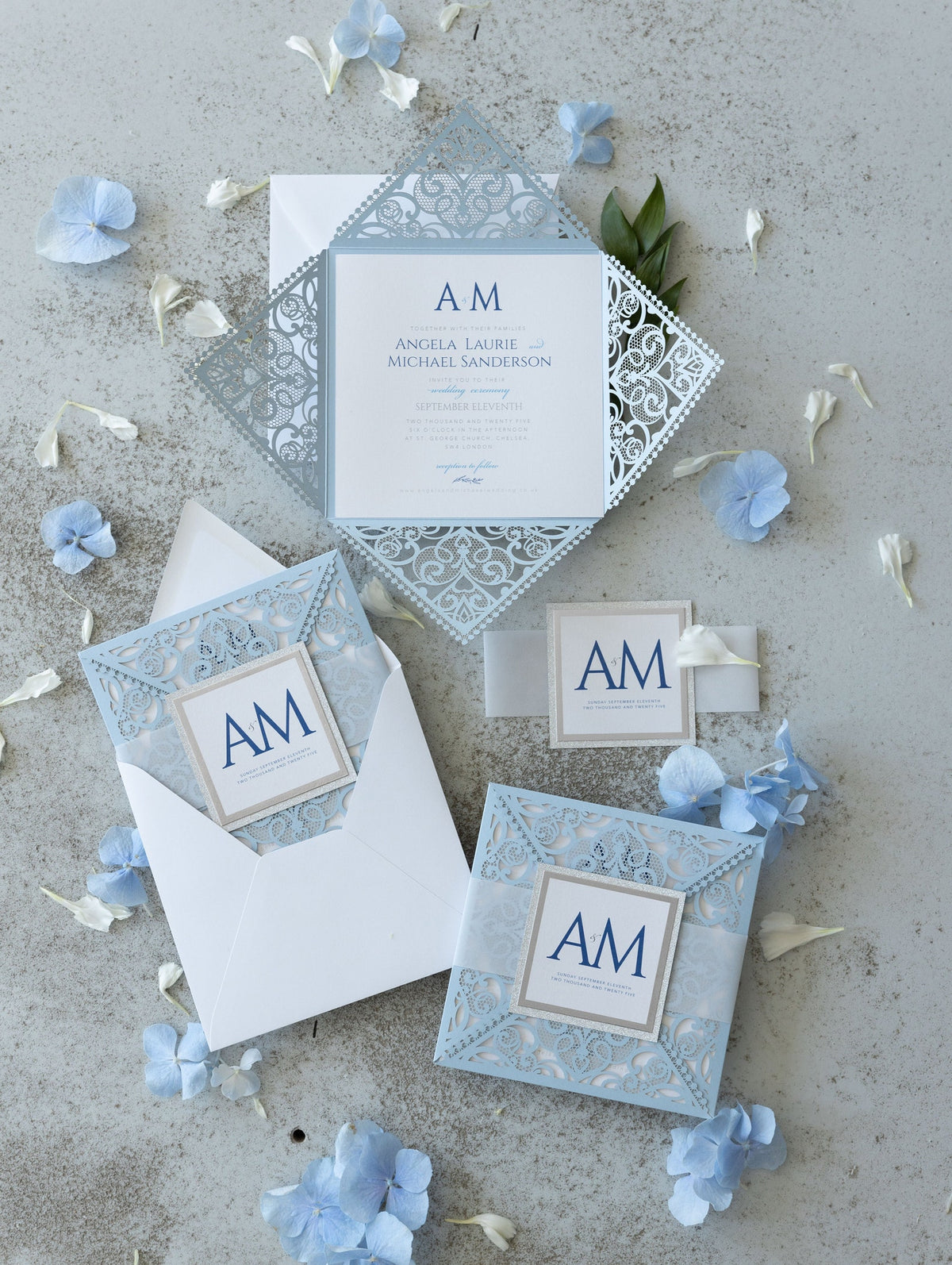 Blue Square Wedding Invitations with White Insert and Silver Glitter