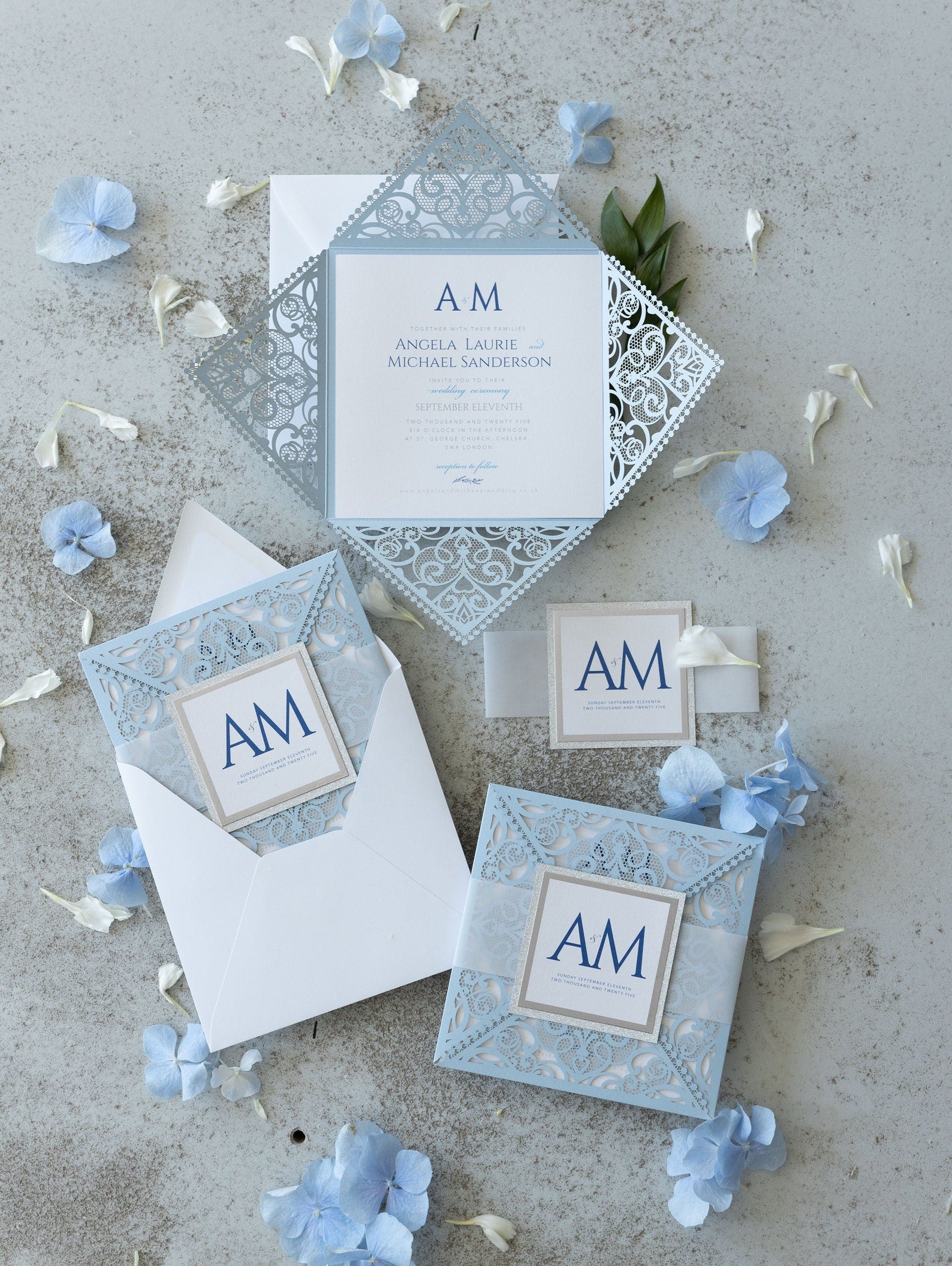 Blue Square Wedding Invitations with White Insert and Silver Glitter