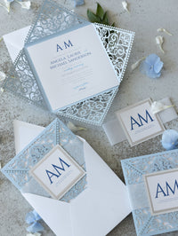 Blue Square Wedding Invitations with White Insert and Silver Glitter