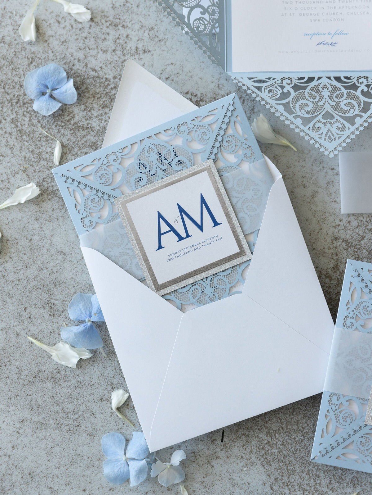 Blue Square Wedding Invitations with White Insert and Silver Glitter