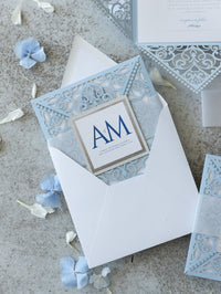 Blue Square Wedding Invitations with White Insert and Silver Glitter