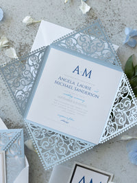 Blue Square Wedding Invitations with White Insert and Silver Glitter