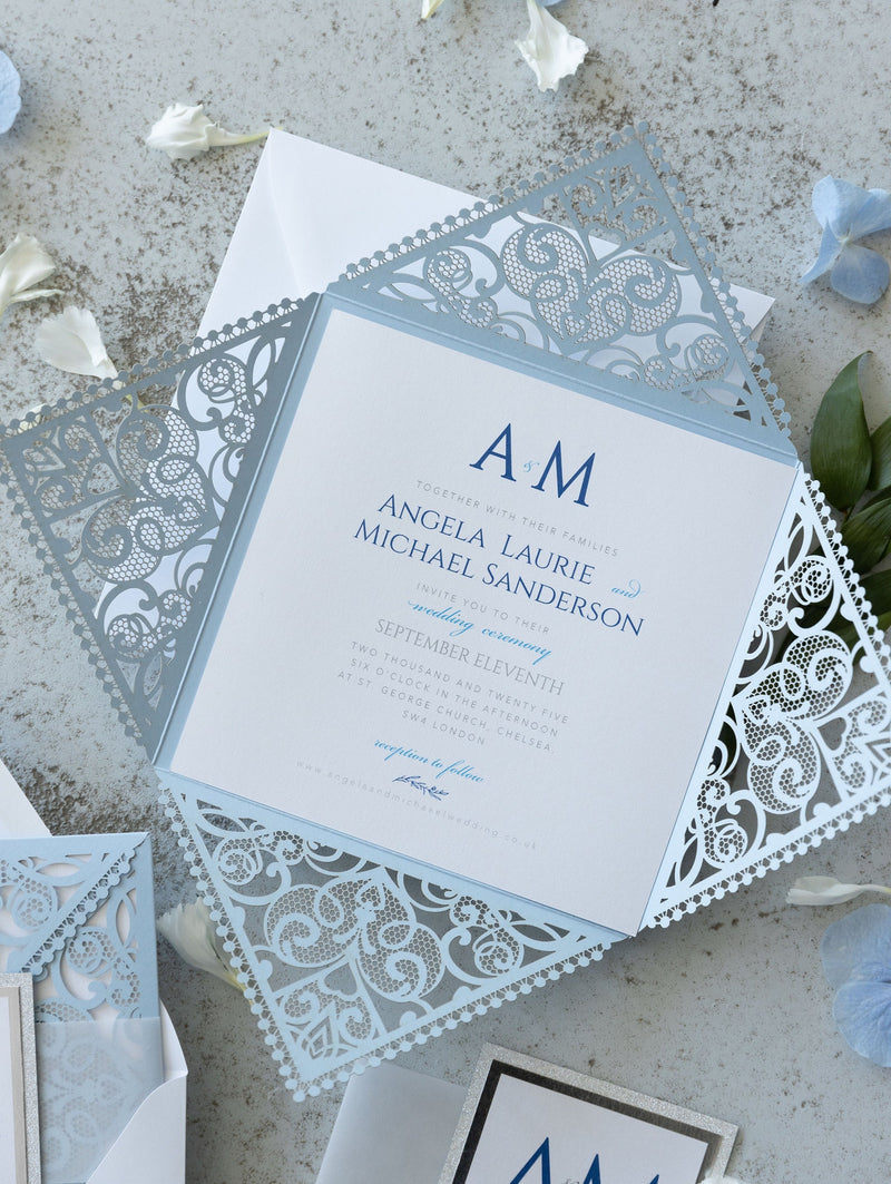 Blue Square Wedding Invitations with White Insert and Silver Glitter