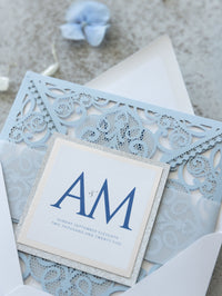 Blue Square Wedding Invitations with White Insert and Silver Glitter